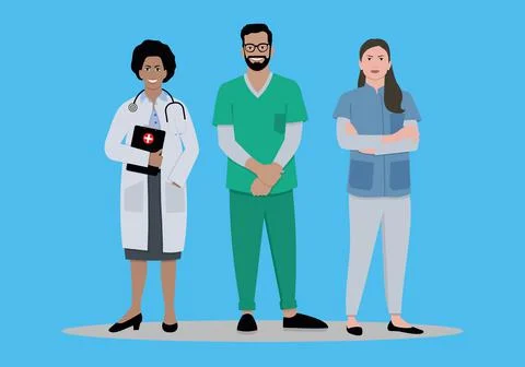 Three doctors stand on a blue background, wearing different clothes. Stock Illustration