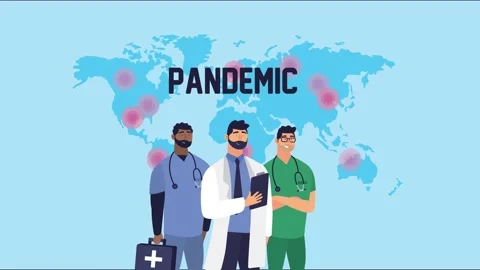 Three doctors stand in front of world map with pandemic hotspots and word p.. Stock Footage 334525896