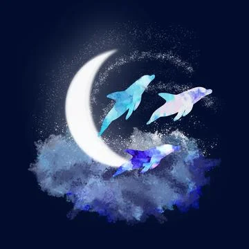 Three dolphins in the moonlight. Cloud and stars or sea wave and splashes. .. Stock Illustration