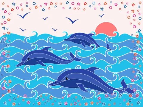Three dolphins in the sea waves Stock Illustration