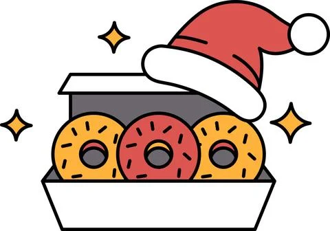 Three donuts in a box with a hat on top Stock Illustration