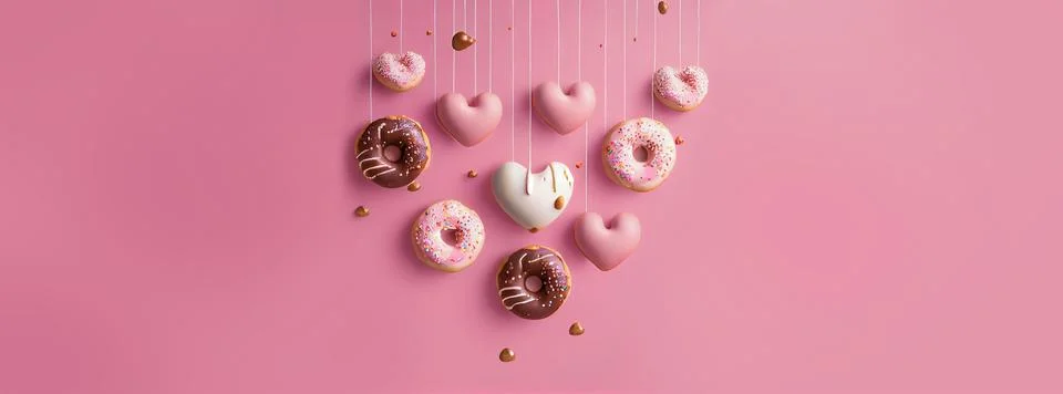 Three Donuts in the form of hearts and rings hang in the air on a pink BG Stock Illustration