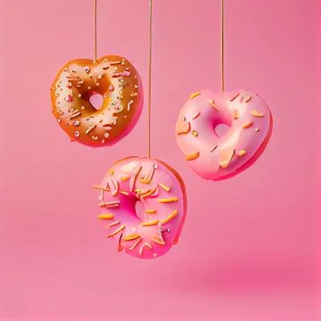 Three Donuts in the form of hearts and rings hang in the air on a pink BG Stock Illustration