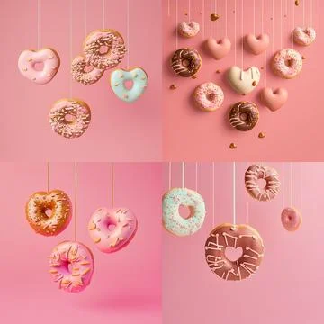Three Donuts in the form of hearts and rings hang in the air on a pink BG Illustrazione stock