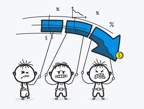 Three Doodle Characters Holding Falling Stock Market Chart Teamwork Crisis .. Stock Illustration
