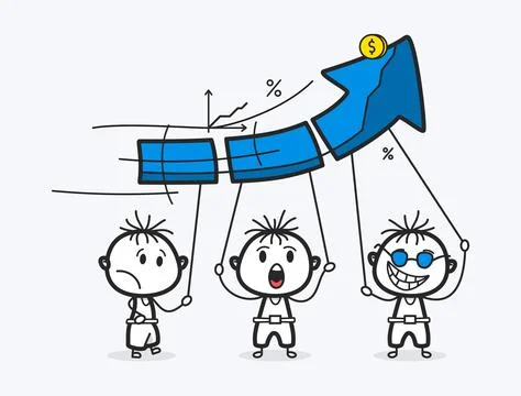 Three Doodle Characters Holding Rising Stock Market Chart Team Success Vector Stock Illustration