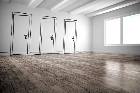 Three door outlines are lining left wall in flat design room with exposed bea Stock Illustration
