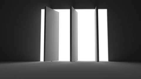 Three doors open, shutters open, rays of light penetrate inside. The concept of  Stock Footage 157704763