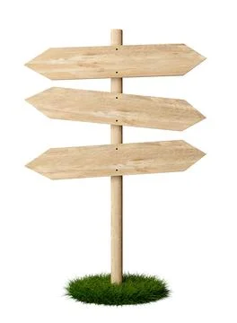 Three double sided empty, blank wooden arrow signs on green grass patch wit.. Illustrazione stock