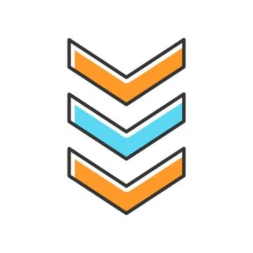 Three down arrows blue and orange RGB color icon. Vertical scrolling button.  イラスト素材