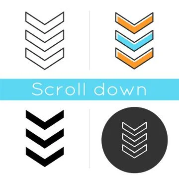 Three down arrows icon. Vertical scrolling button. Downloading process indica Stock Illustration
