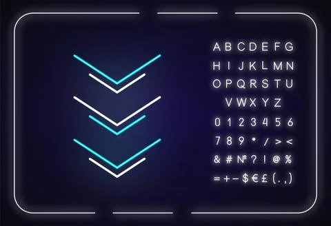 Three down arrows neon light icon. Page browsing direction, download. Website Stock Illustration