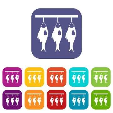 Three dried fish hanging on a rope icons set イラスト素材
