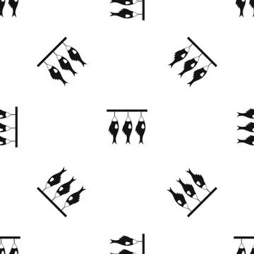 Three dried fish hanging on a rope pattern seamless black Stock Illustration