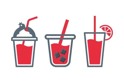 Three drinks with straws and ice cubes in cups Vector Stock Illustration