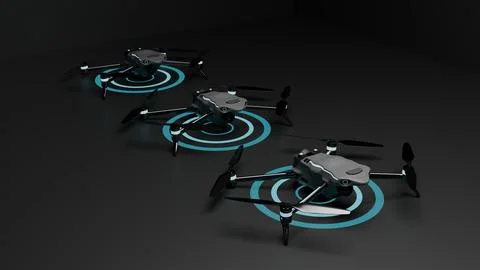 Three drone render with glowing circle radar effects on dark background Stock Illustration