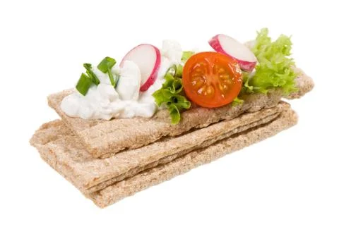 Three dry crisp bread slices with cottage cheese Stock Photos