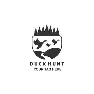 Three duck hunt tree logo line art emblem vector template design Illustrazione stock