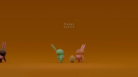 Three Easter Bunny Figurines with a Decorated Egg on a Brown Background wit.. Illustrazione stock