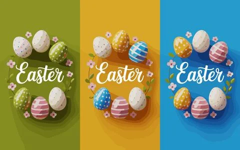 Three Easter egg wreaths with floral accents eggs spring Stock Illustration
