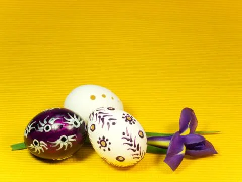 Three easter eggs and iris Stock Photos