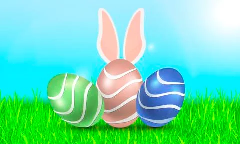 Three Easter eggs on the background of grass and sky Stock Illustration