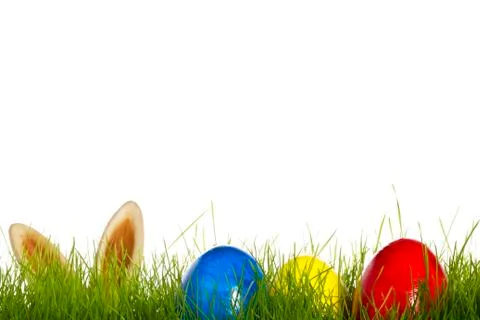 Three easter eggs in grass with ears from a easter bunny in background Stock Photos