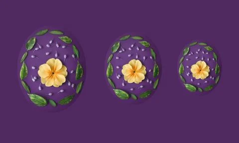 Three easter eggs made from flowers and leaves on violet background. Stock Photos