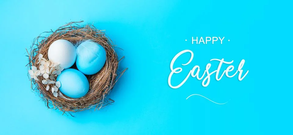 Three Easter eggs in a nest on a blue background. Stock Photos
