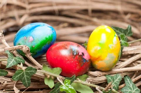 Three Easter eggs in a nest Stock Photos