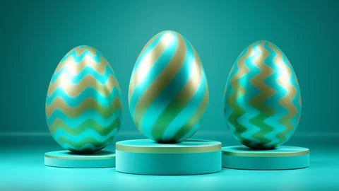 Three easter eggs on podiums, turquoise blue background.Close up 3d rendering Illustrazione stock