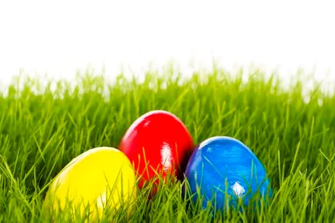 Three easter eggs with soft focus in grass Stock Photos