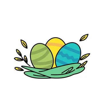 Three easter eggs, yellow, green and blue in color lying in a nest flat vec.. Stock Illustration
