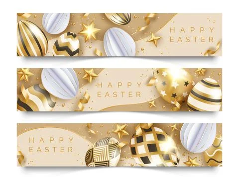 Three Easter horizontal banners with realistic golden decorated eggs, ribbo.. Stock Illustration