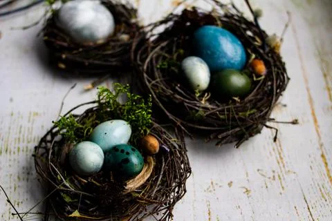 Three Easter nests with Easter eggs on a wooden background Stock Photos