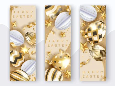 Three Easter vertical banners with realistic golden decorated eggs, ribbons.. Stock Illustration