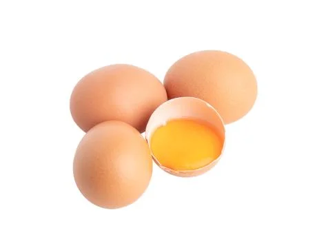 Three eggs and broken raw egg isolated Stock Photos