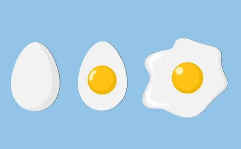 Three eggs closeup: egg in shell, half and fried egg with shadow on blue, sto Stock Illustration