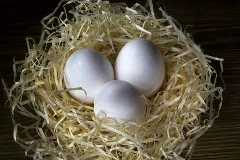Three eggs in the nest on a dark background Stock Photos