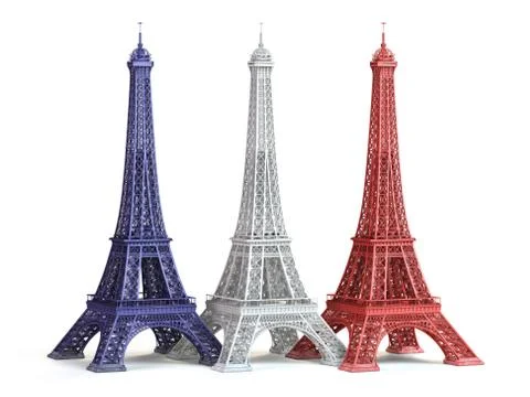 Three Eiffel Towerin colors of flag of France isolated on a white background. Illustrazione stock