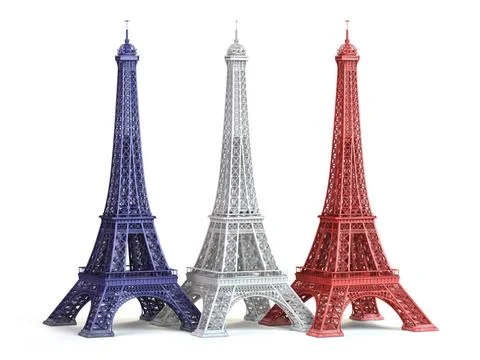Three Eiffel Towerin colors of flag of France isolated on a white backgrou... 스톡 사진