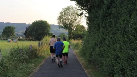 Three elderly gentlemen energetically jogging in the countryside 스톡 동영상 244350307