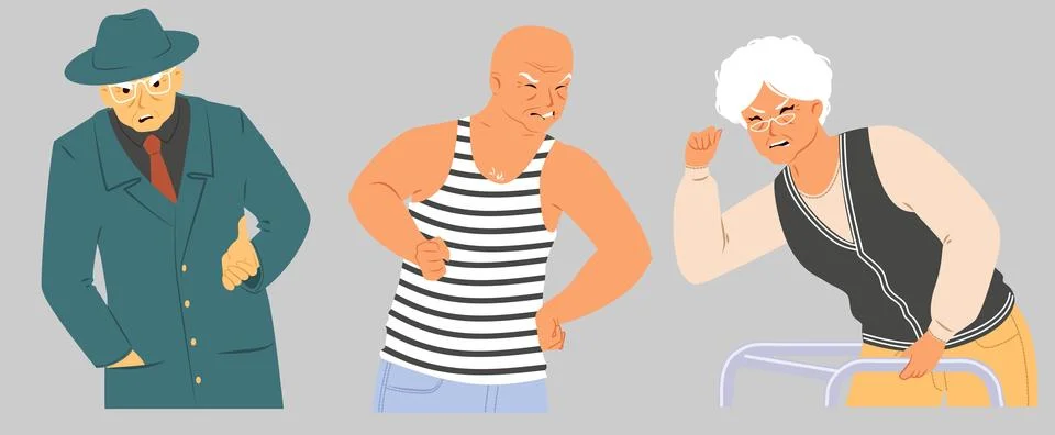 Three elderly individuals display various expressions of anger, with distinct Stock Illustration