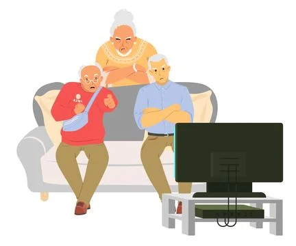 Three elderly individuals sit on a sofa, intensely focused on a television Stock Illustration