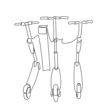 Three electric scooters charge electrical mains continuous line vector illust Stock Illustration