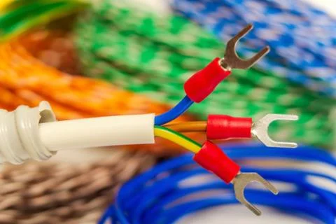 Three electrical wires with terminals before installation Stock Photos