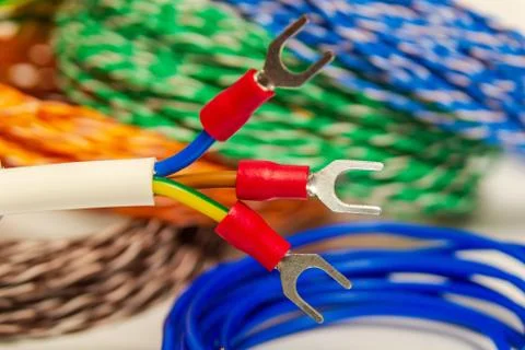 Three electrical wires with terminals before installation Stock Photos