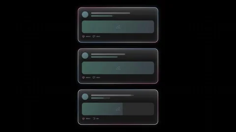 Three elegant glass UI feed cards with a sleek design featuring a soft black bac Stock Footage 341329566