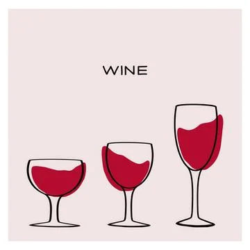 Three elegant glasses of red wine arranged in ascending order on a minimalistic Stock Illustration