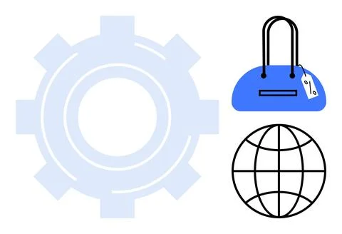 Three elements blue gear, blue handbag with price tag, black globe 스톡 일러스트